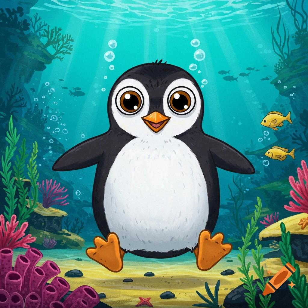 Cartoon penguin with big eyes underwater near coral and fish.
