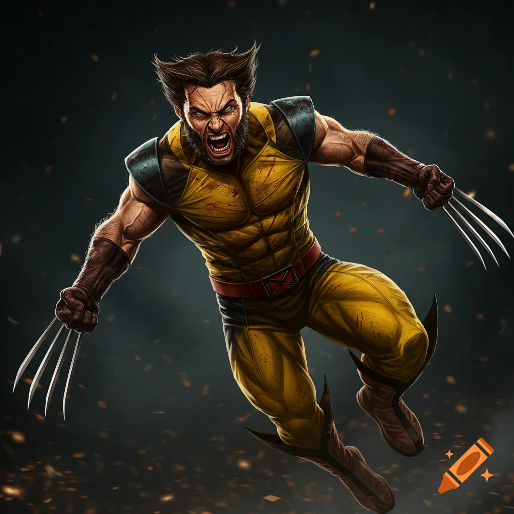 Wolverine in his yellow costume leaping forward with claws extended.