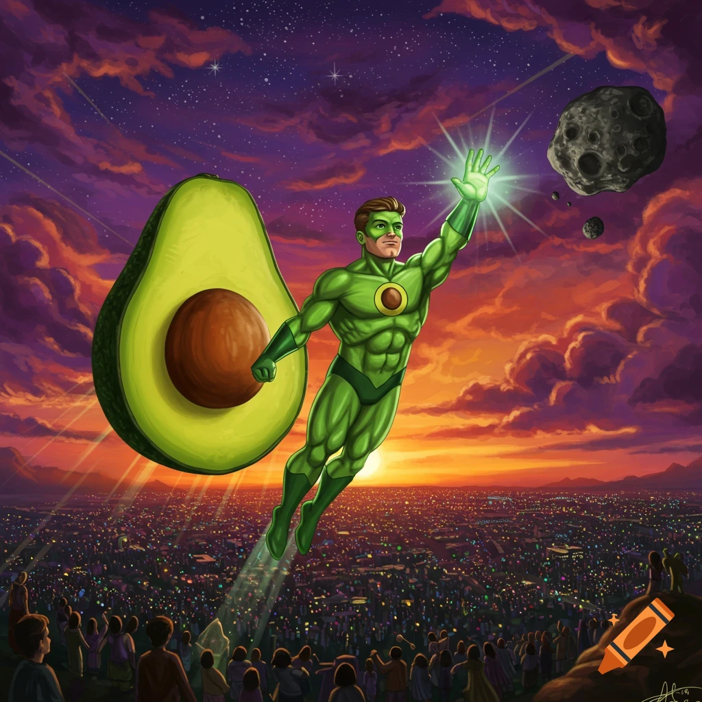 Avocado superhero flies over a city at sunset with a giant avocado and asteroids.