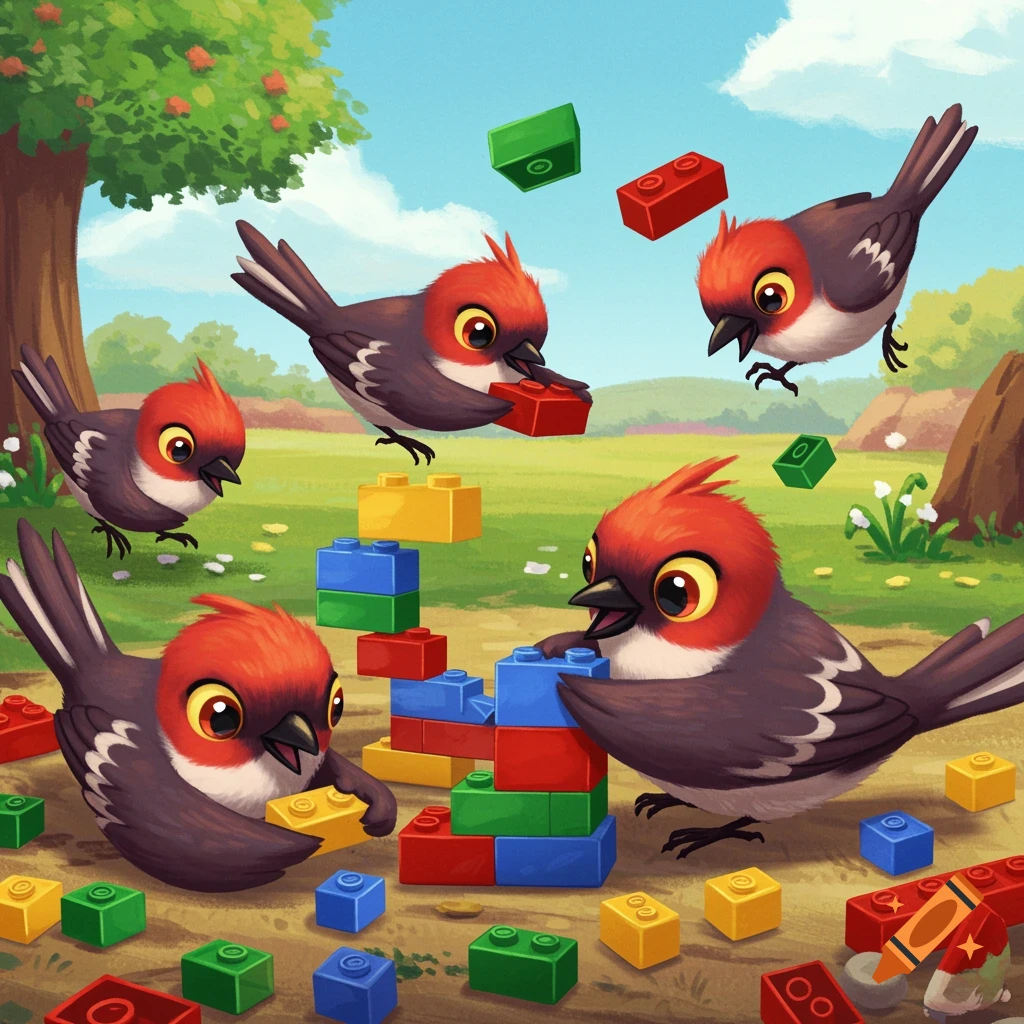 Cartoon birds playing with colorful Lego bricks in a vibrant outdoor setting.