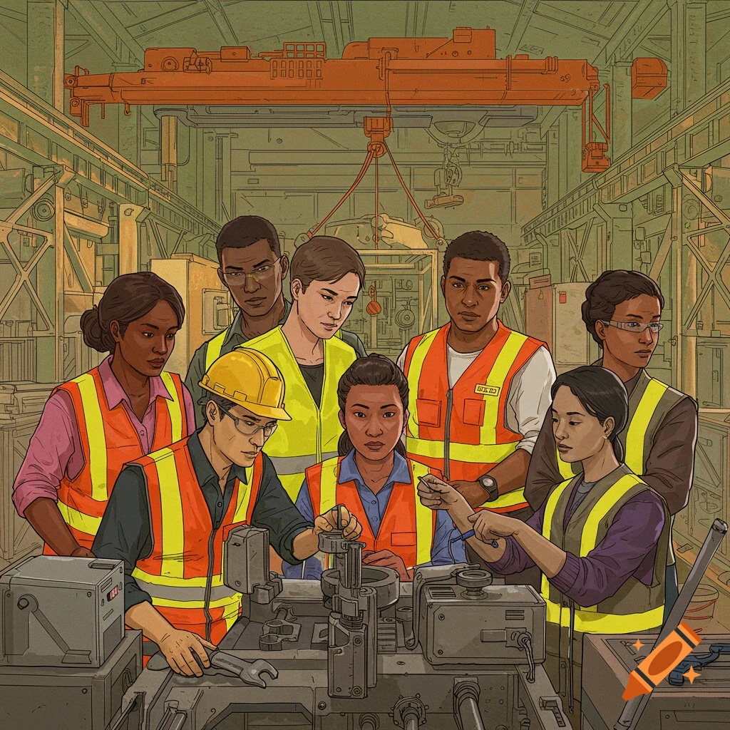 An industrial engineering team is working on machinery in a factory.