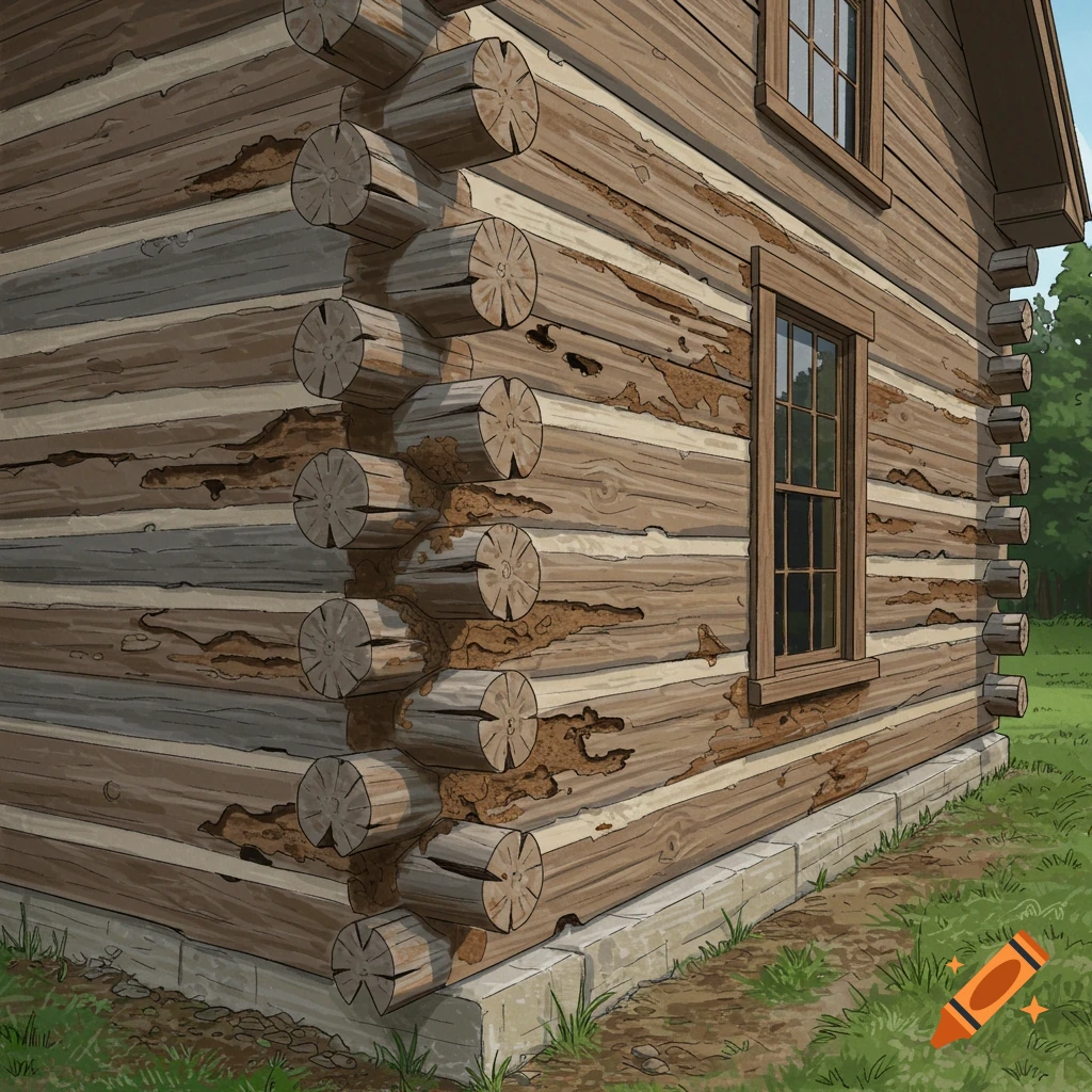 A log cabin corner showing significant termite damage to the wood siding and chinking.