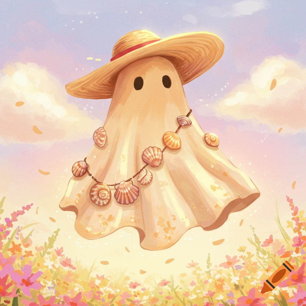 A cute ghost wearing a straw hat and seashell necklace floats over flowers.