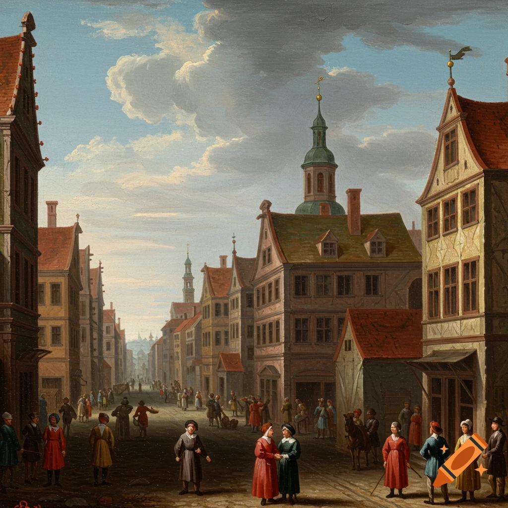 Painting of a bustling street scene in a historic European town with buildings and figures.