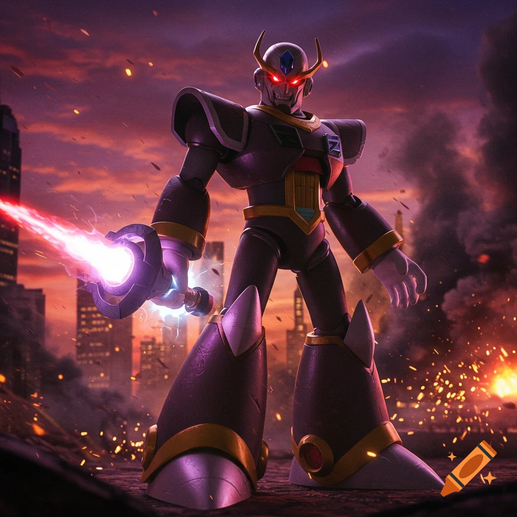 A robot character resembling Sigma from Megaman X stands in destroyed city ruins, holding a glowing laser sword against a fiery sky.