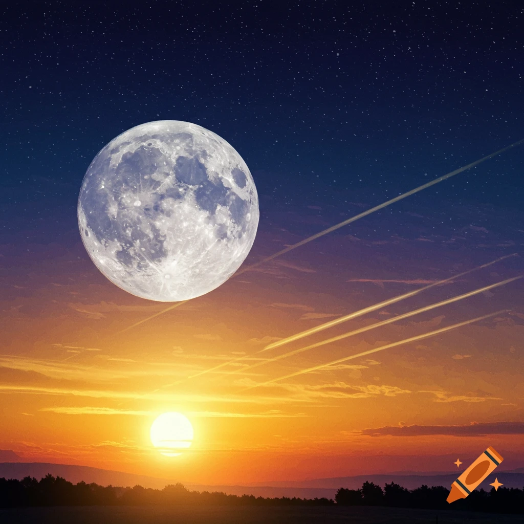 A large moon in a starry sky over a sunset landscape with contrails.