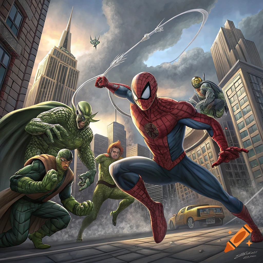 Spider-Man swings towards a group of villains, including Lizard and Green Goblin, in a city street scene.