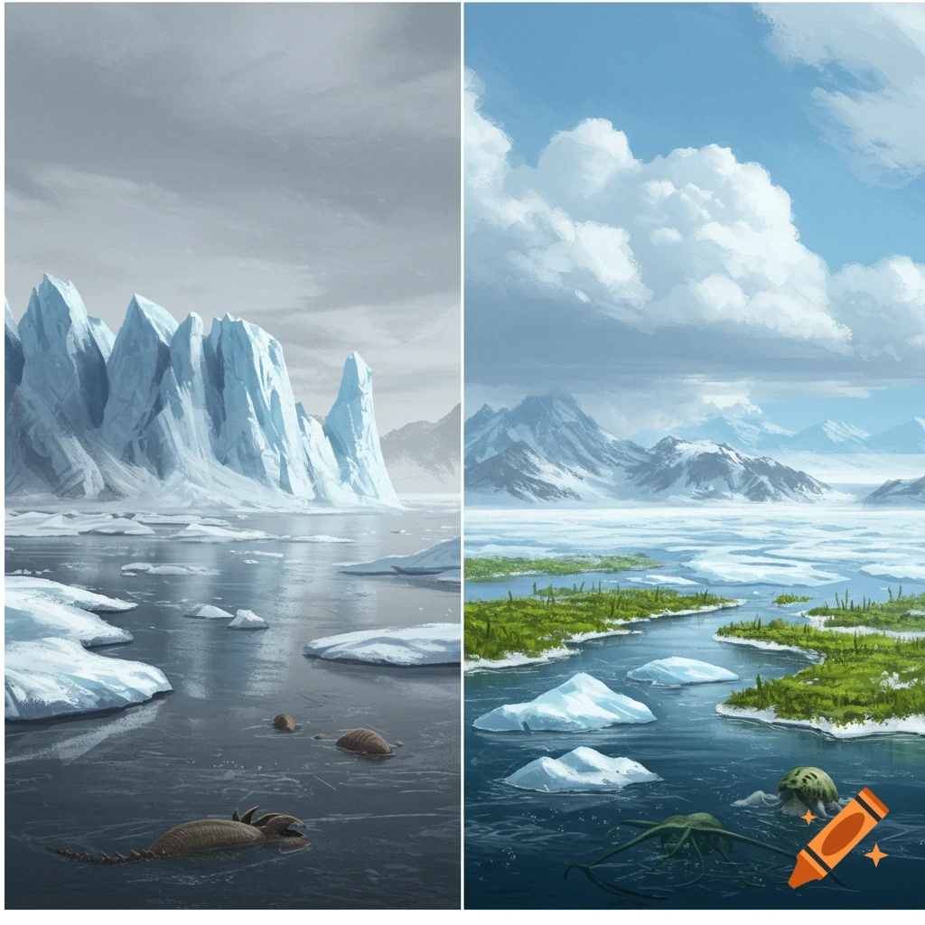 Two icy landscapes: a frozen, grey ice age and a thawed, warmer period with creatures.
