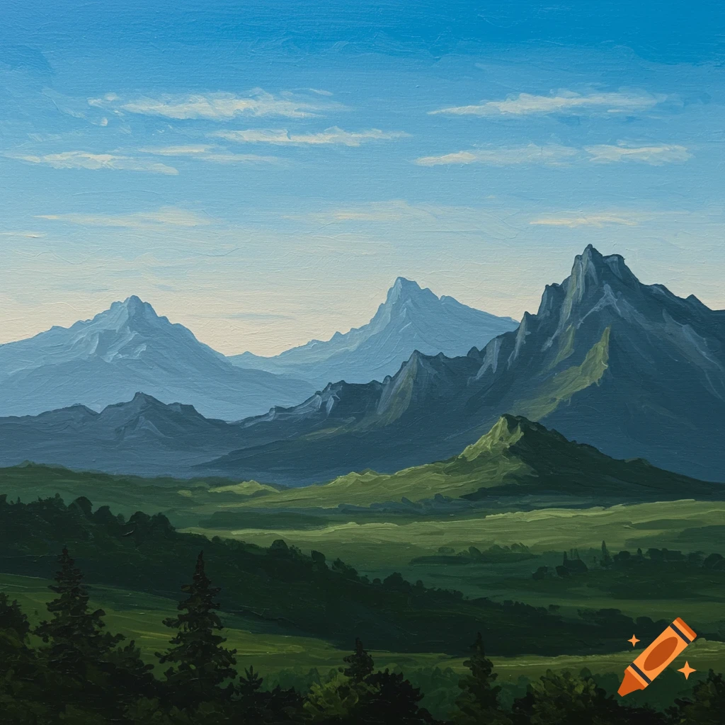A painted landscape with layered mountains, green fields, trees, and a blue sky with wispy clouds.