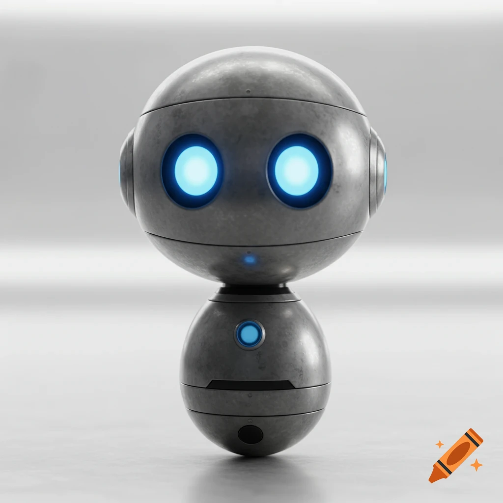 A spherical metallic robot with bright blue eyes stands on a surface.
