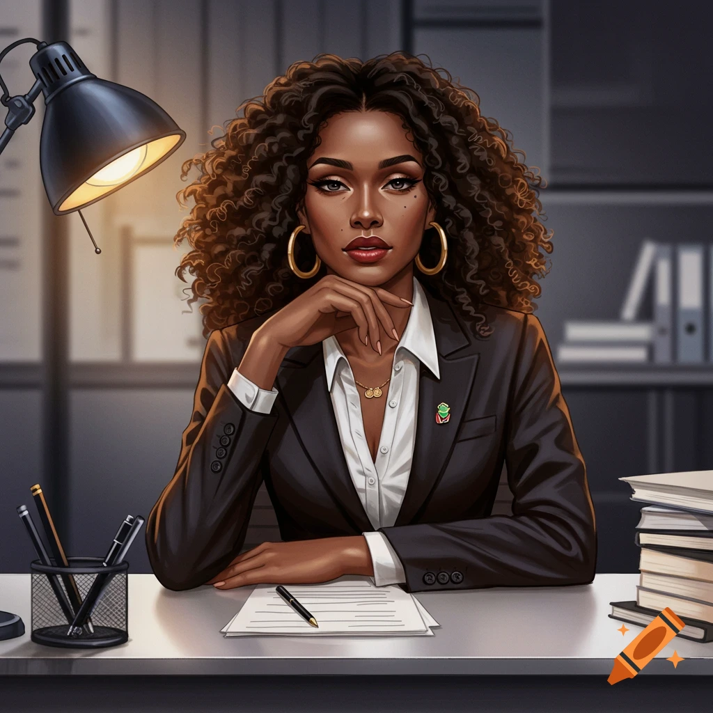 A confident African American woman in a suit sitting at an office desk.