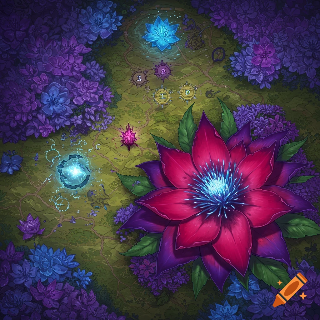 Top-down fantasy battle map illustration with purple and blue flowers, a large magenta flower, and glowing magical elements on a path.