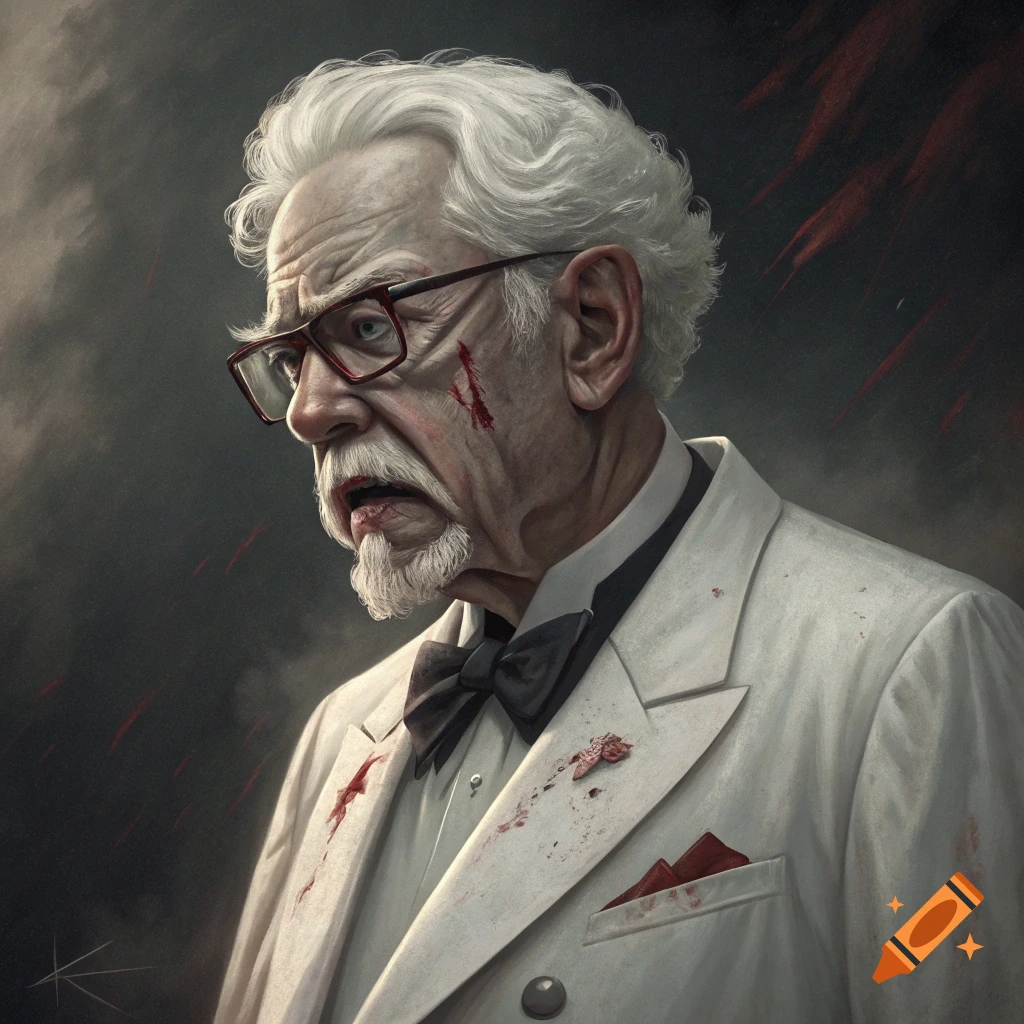 Stylized portrait of Colonel Sanders with blood splatters on his face and suit, looking downwards.