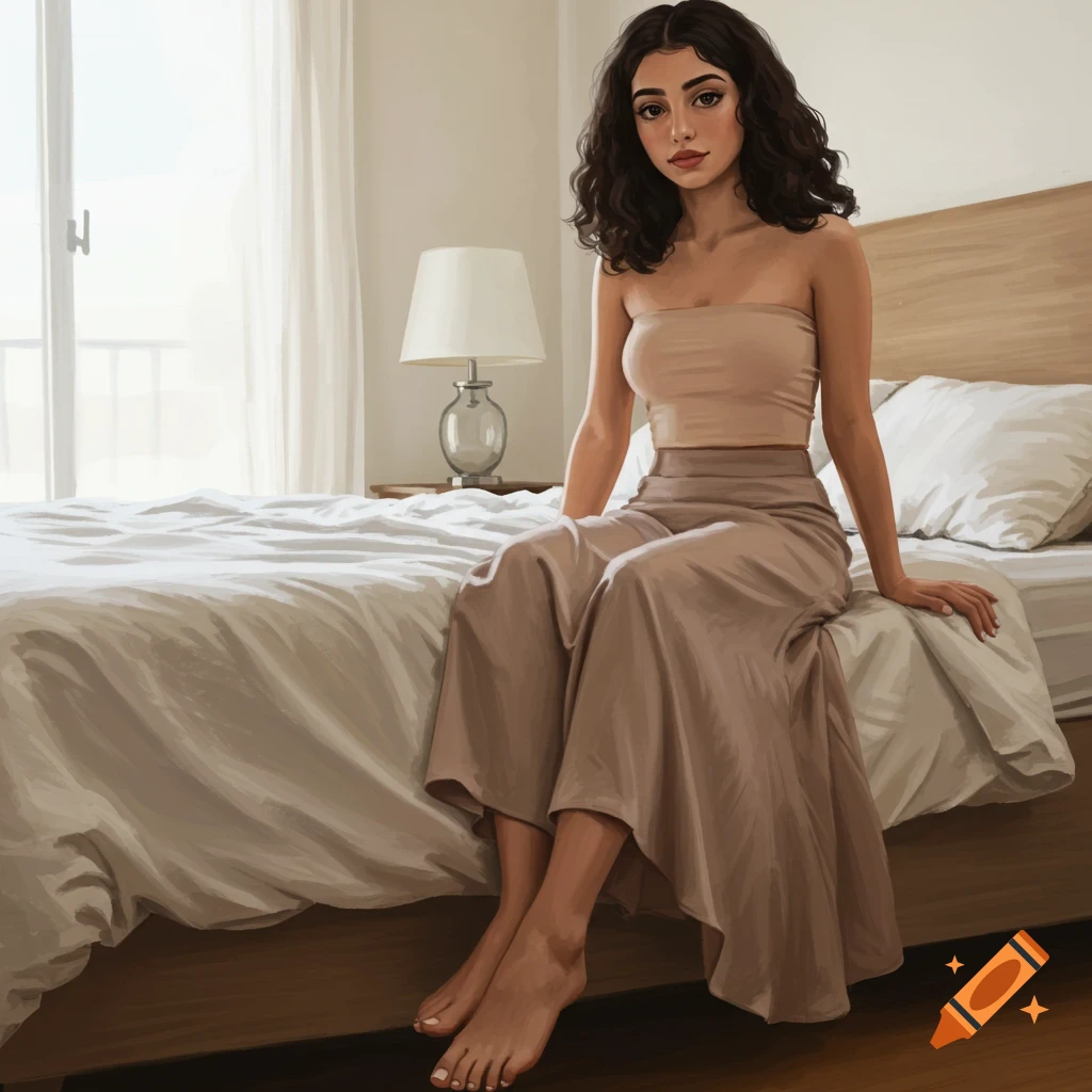 A woman in a tube top and skirt is sitting on a bed in a sunlit room.