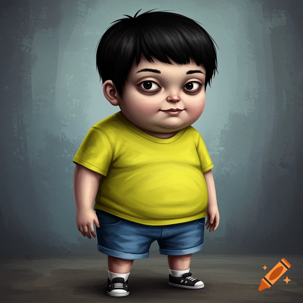 A cartoonish boy with dark eyes and a slight grin, wearing a yellow shirt and denim shorts.