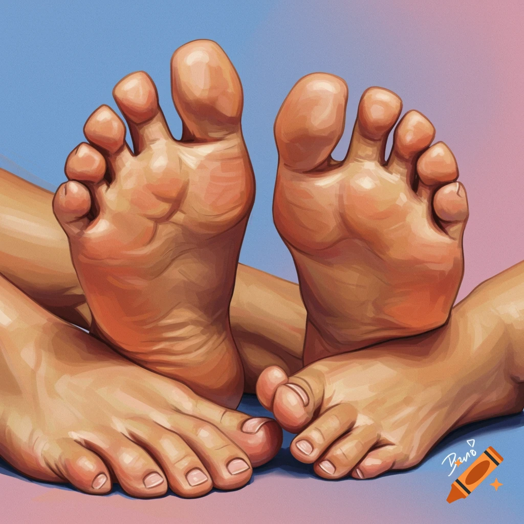 Feet and toes against a blue and pink gradient background.