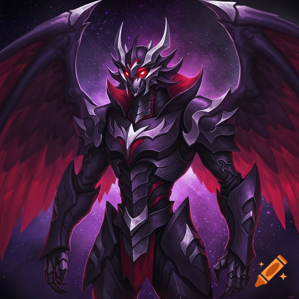 A dark fantasy creature in spiked armor with red eyes and purple-tipped wings against a starry background.