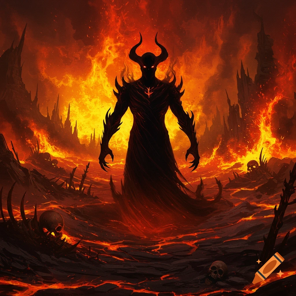 A silhouetted demon with horns stands in a hellscape of lava, fire, and skulls.