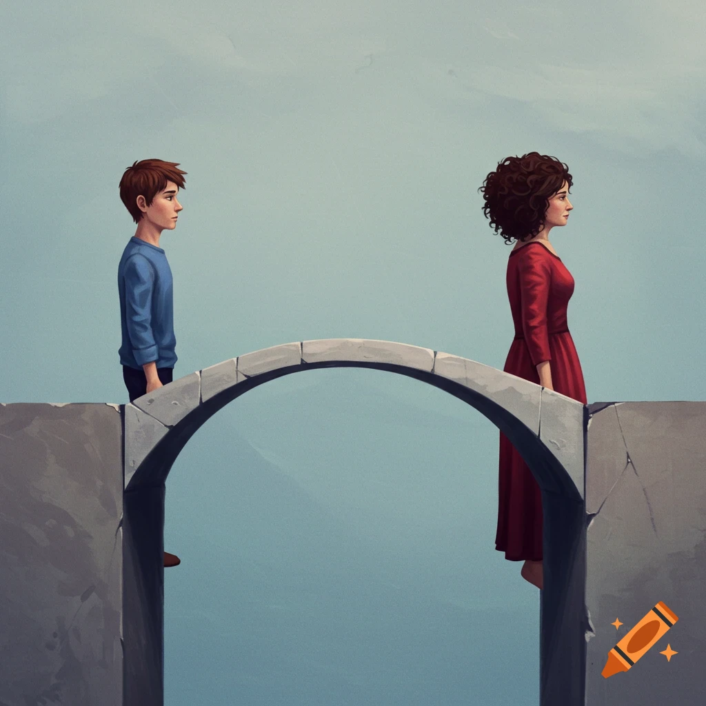 A boy and girl standing on a bridge, facing away from each other.