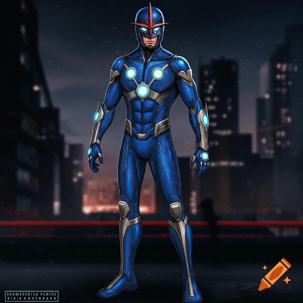A superhero in a blue and silver suit with a red helmet stands against a blurred city background.