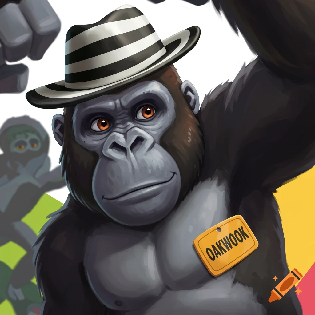 A gorilla is wearing a striped hat and 'OAKWOOK' nametag.