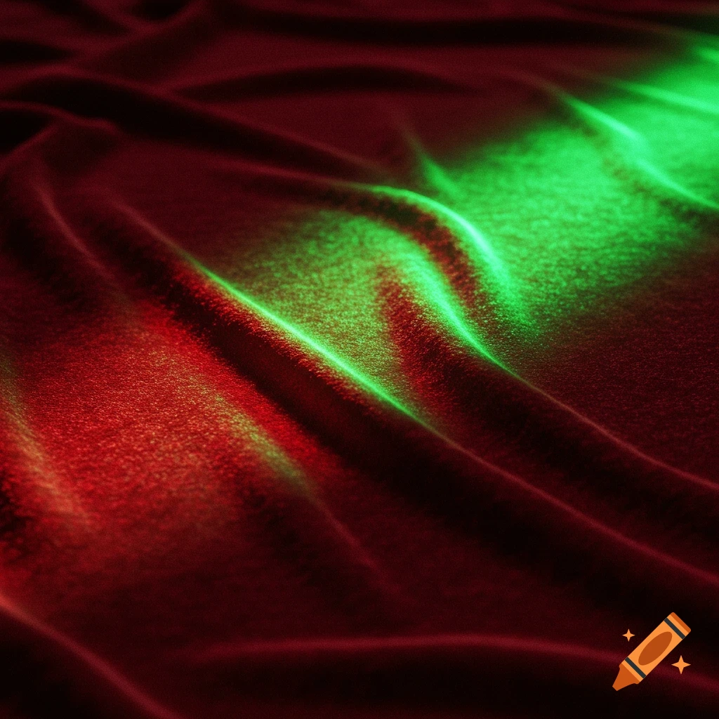 Glowing green light on red fabric folds