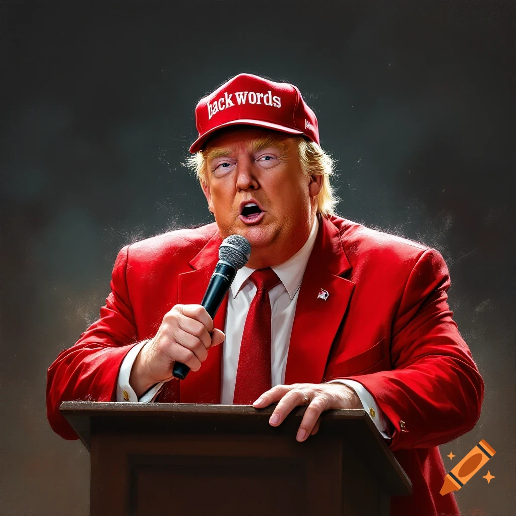 Donald Trump speaking at a podium, wearing a red cap that says "back words".