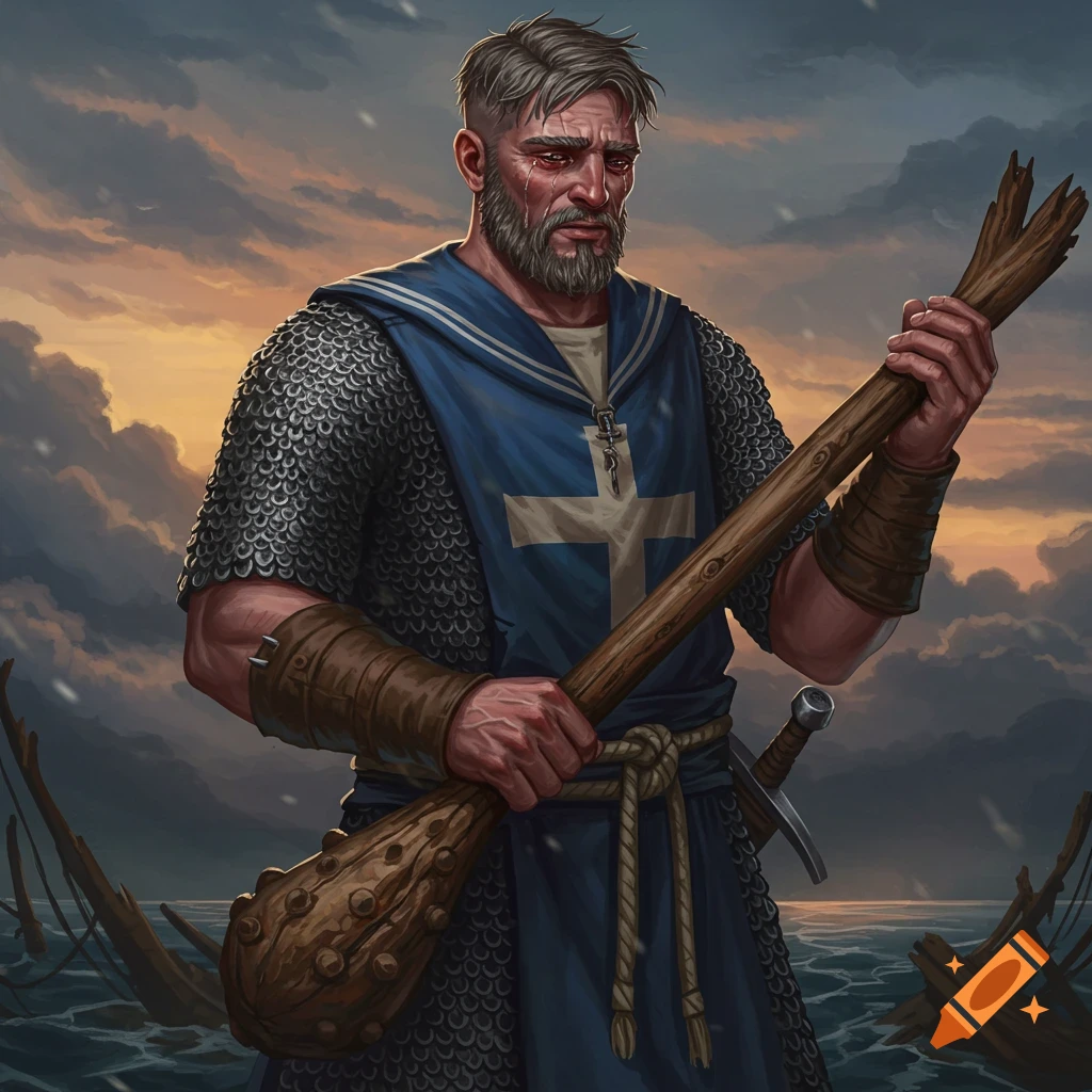 A sad cleric in chainmail holds a club near shipwreck debris in a stormy sea.