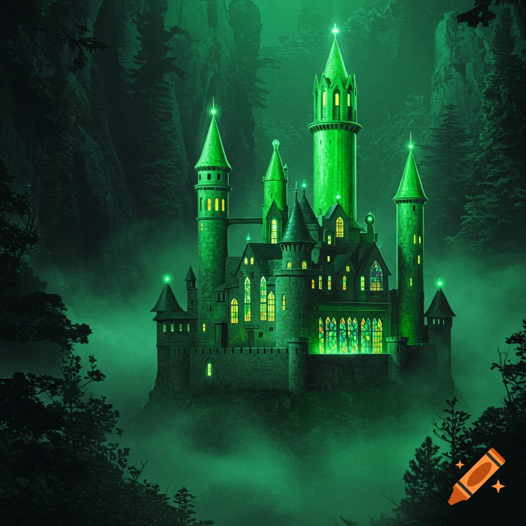 A glowing green castle in a foggy forest