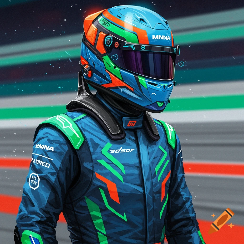 A race car driver wearing a blue, orange, and green suit and helmet.