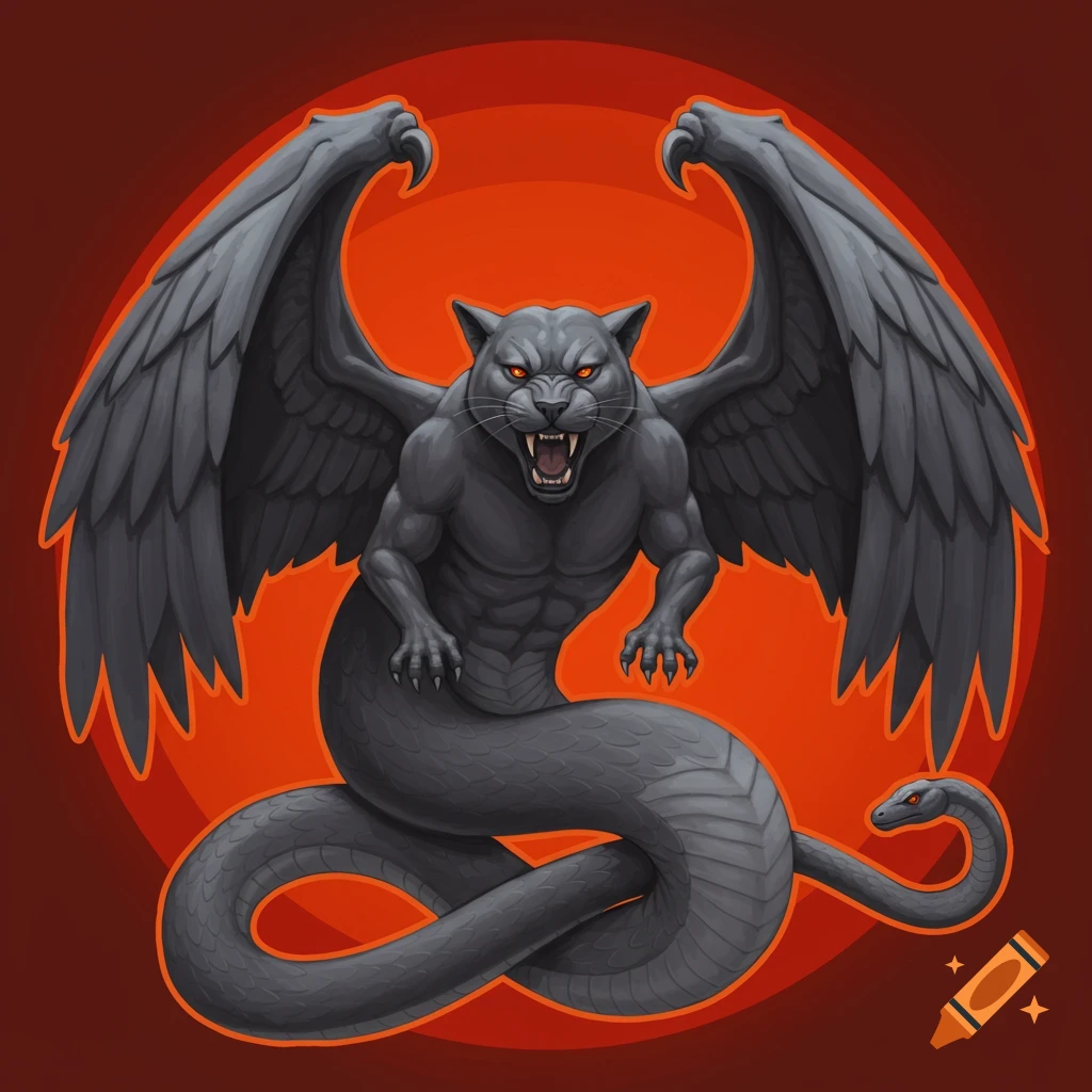 A grey winged panther-like creature with a snake body and tail head in front of a red circle.