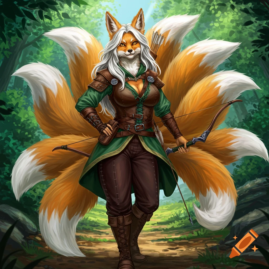 Nine-tailed fox woman adventurer in a forest.