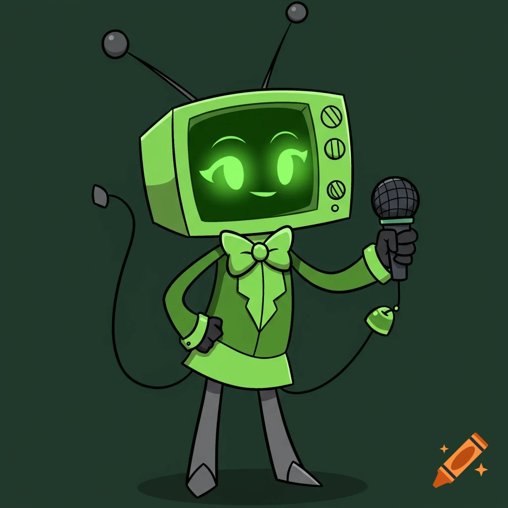 Illustration of a green TV-headed robot character holding a microphone.