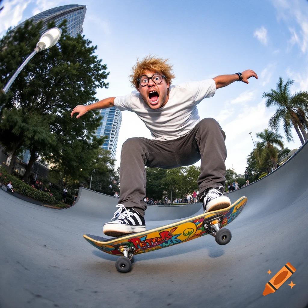 Person skateboarding in a skatepark with a fisheye lens.