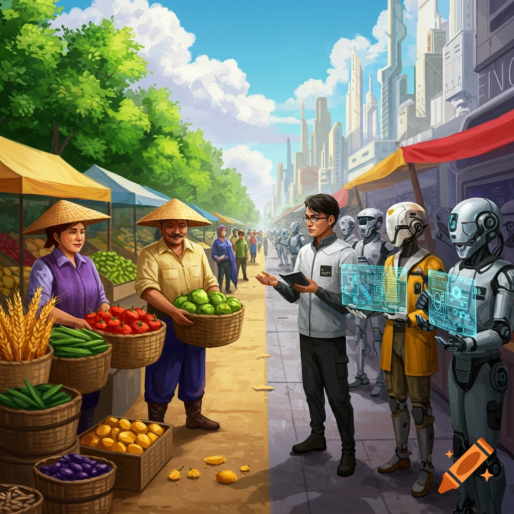 A split scene depicts farmers trading produce in a rural market and robots exchanging data in a futuristic city.