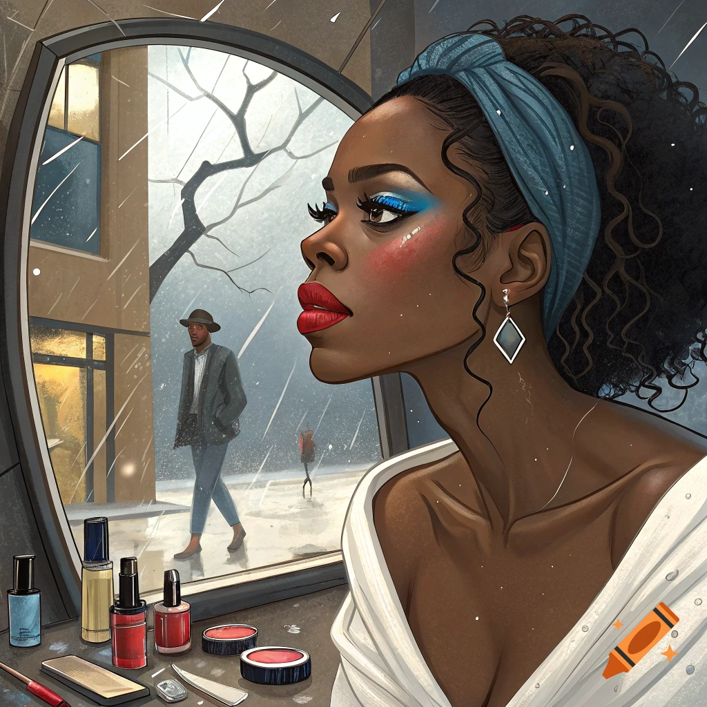 A woman applies makeup while looking into a mirror that reflects a man walking away in the rain. Illustration.