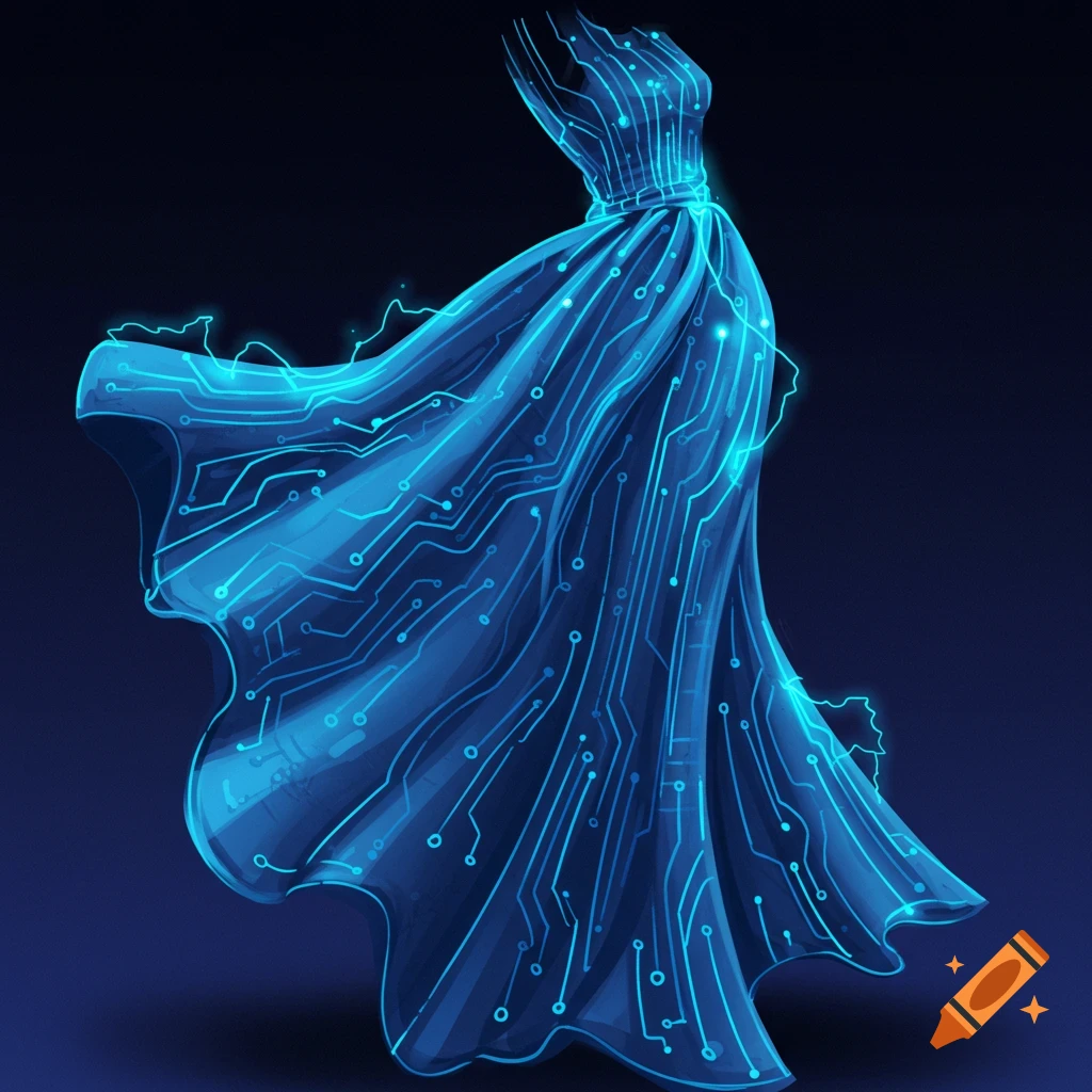 A dress made of glowing blue circuit board patterns on a dark background.