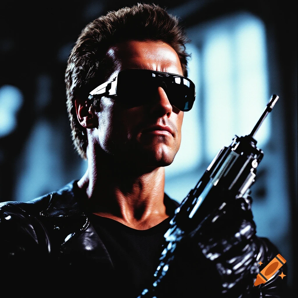 Man in sunglasses and leather jacket holds a rifle, dramatically lit portrait.