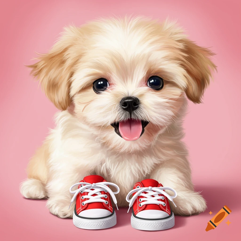 A cute puppy wearing red shoes.