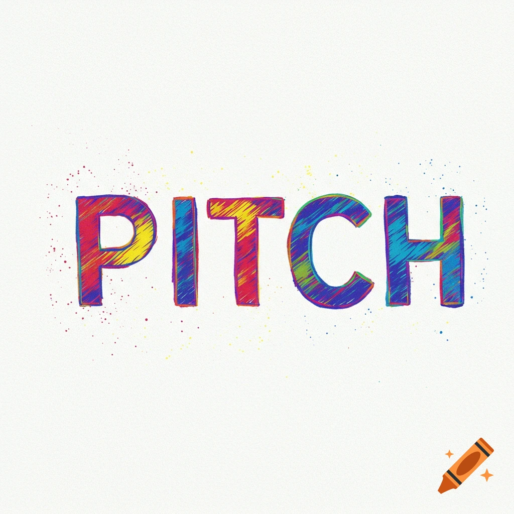 The word PITCH in colorful messy crayon style with paint splatters.