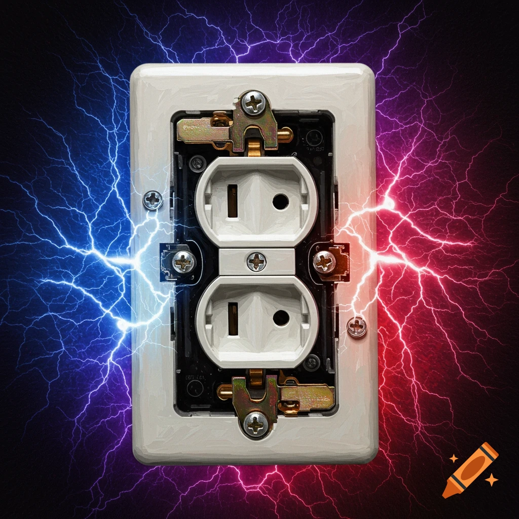 An electrical outlet with red and blue lightning striking it.