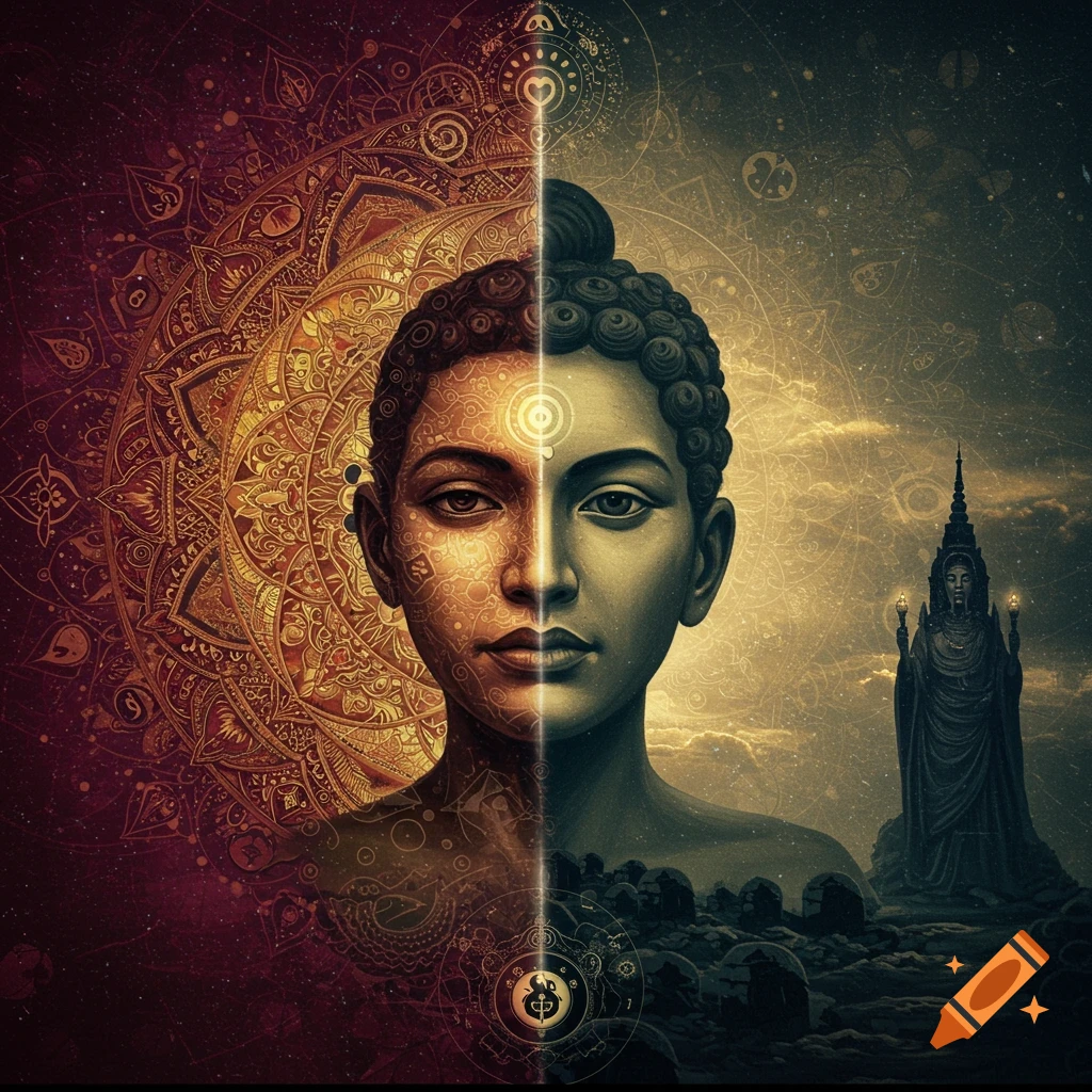 Split portrait with mandala and spiritual symbols