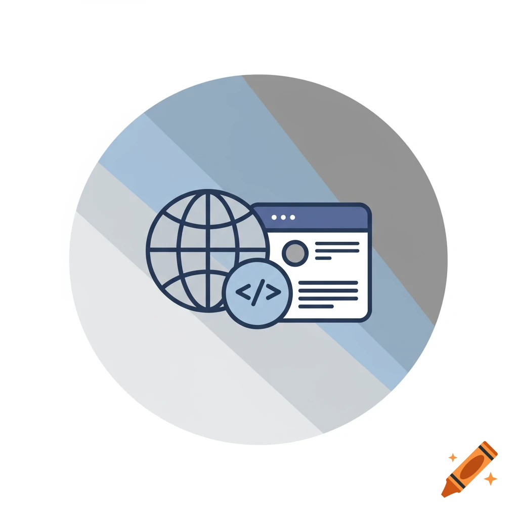 Simple flat icon of a globe and a browser window with a coding tag inside a circle.