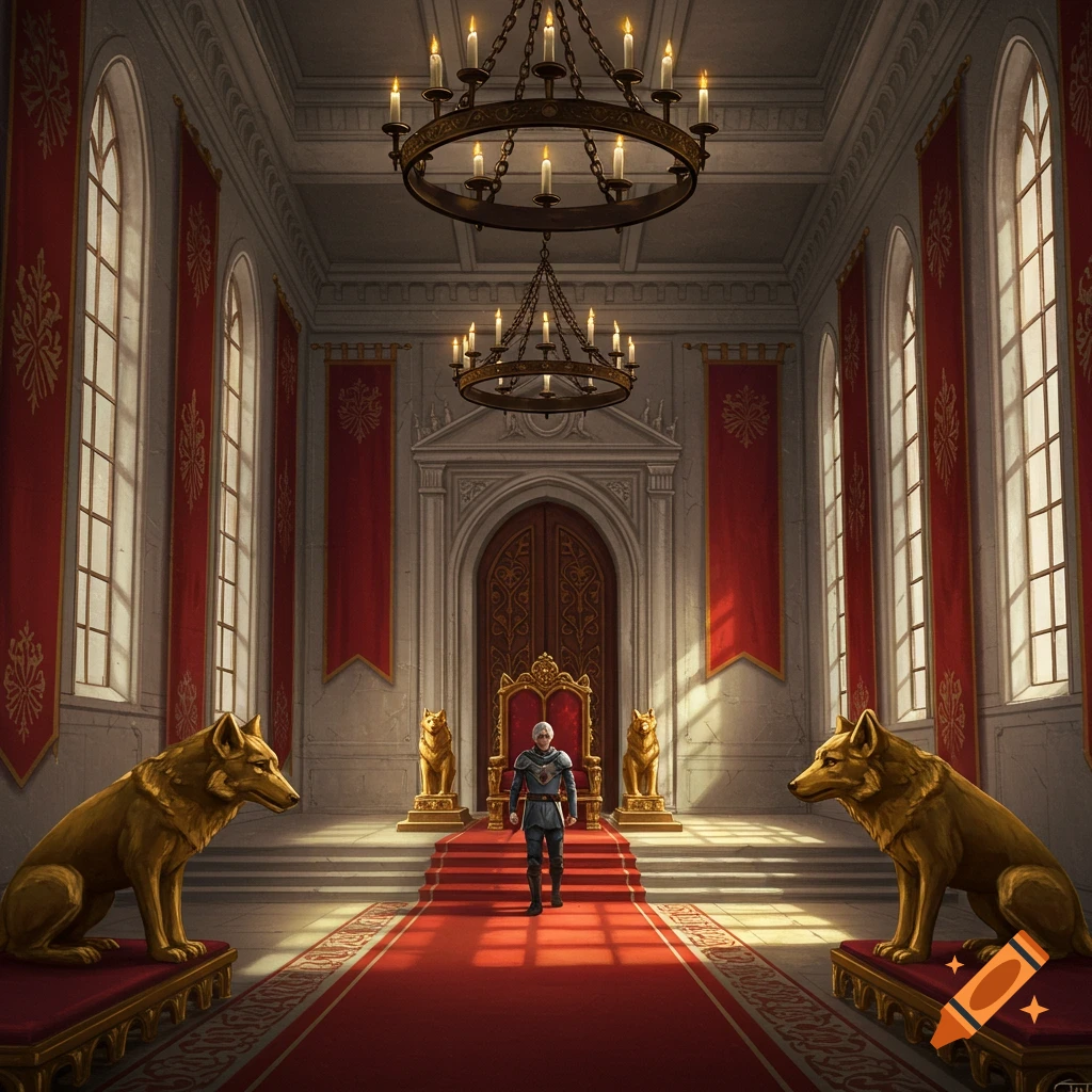 A person walks down a red carpet toward a throne in a grand hall with wolf statues and chandeliers.