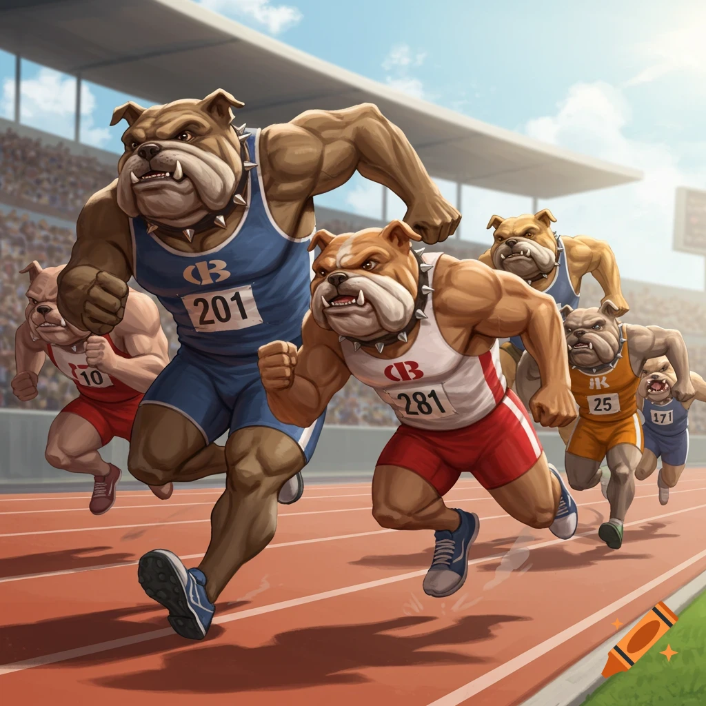 Anthropomorphic bulldogs racing on a track