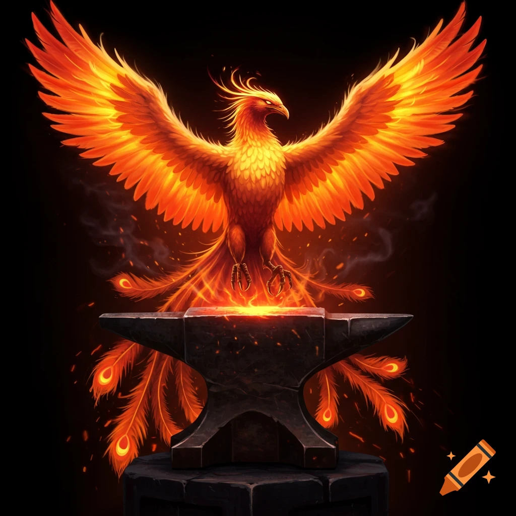 A flaming phoenix rising from an anvil.