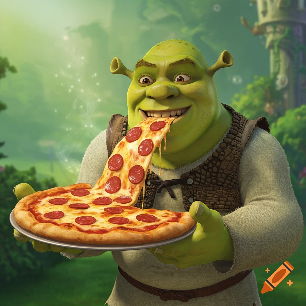 Shrek holds a pizza and takes a bite.