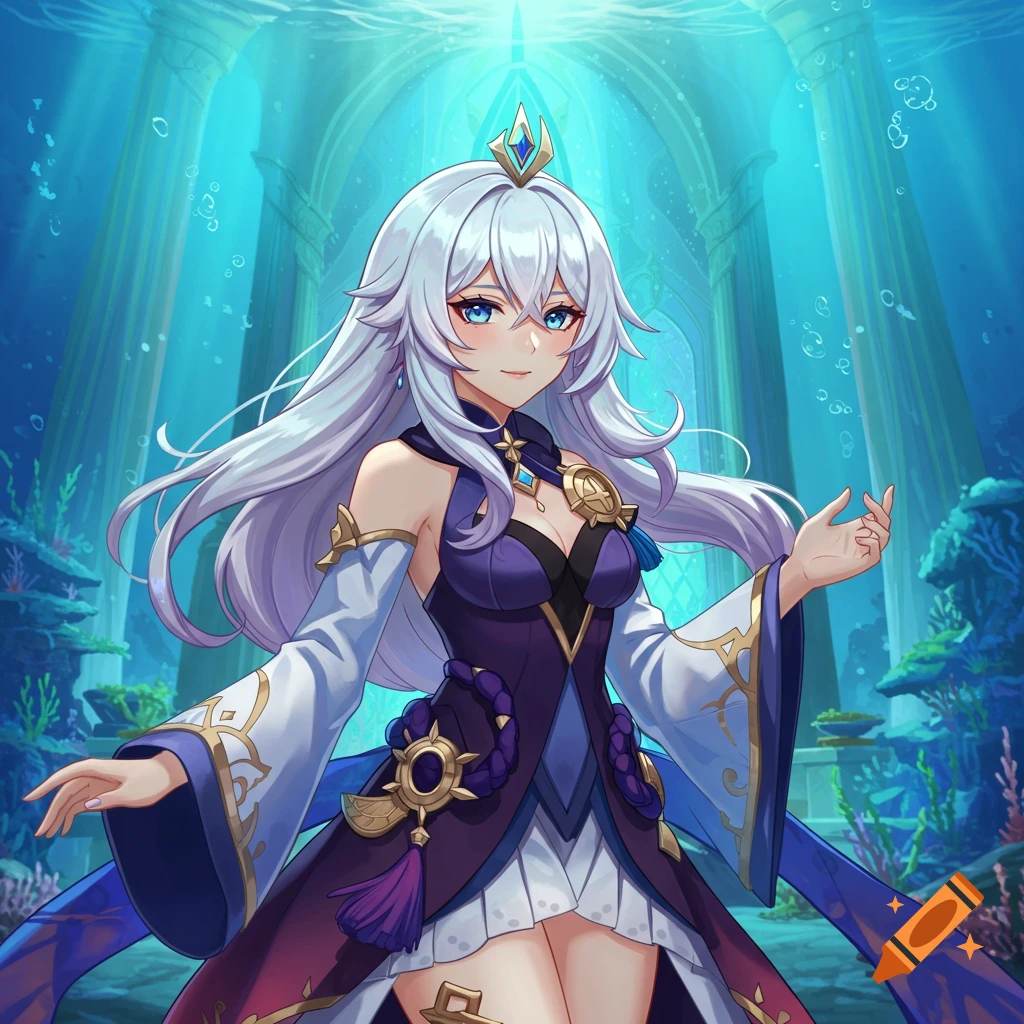 Anime character Furina from Genshin Impact underwater in a purple dress