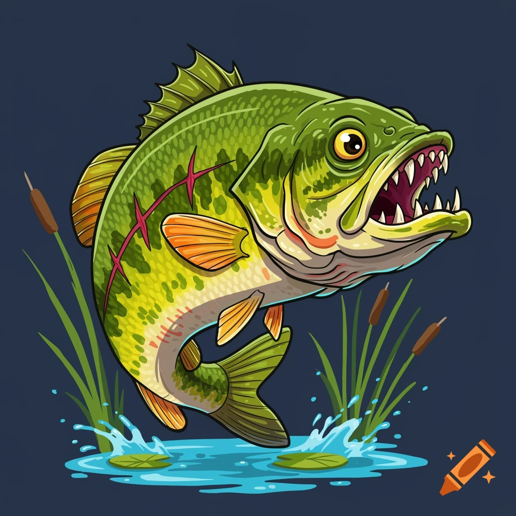 Cartoon largemouth bass jumping out of water with sharp teeth, reeds, and lily pads in an illustrated style.