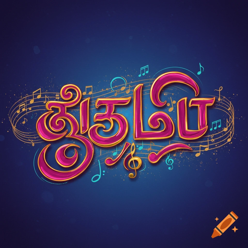 Stylized Tamil text in pink and gold with musical notes on a blue background.